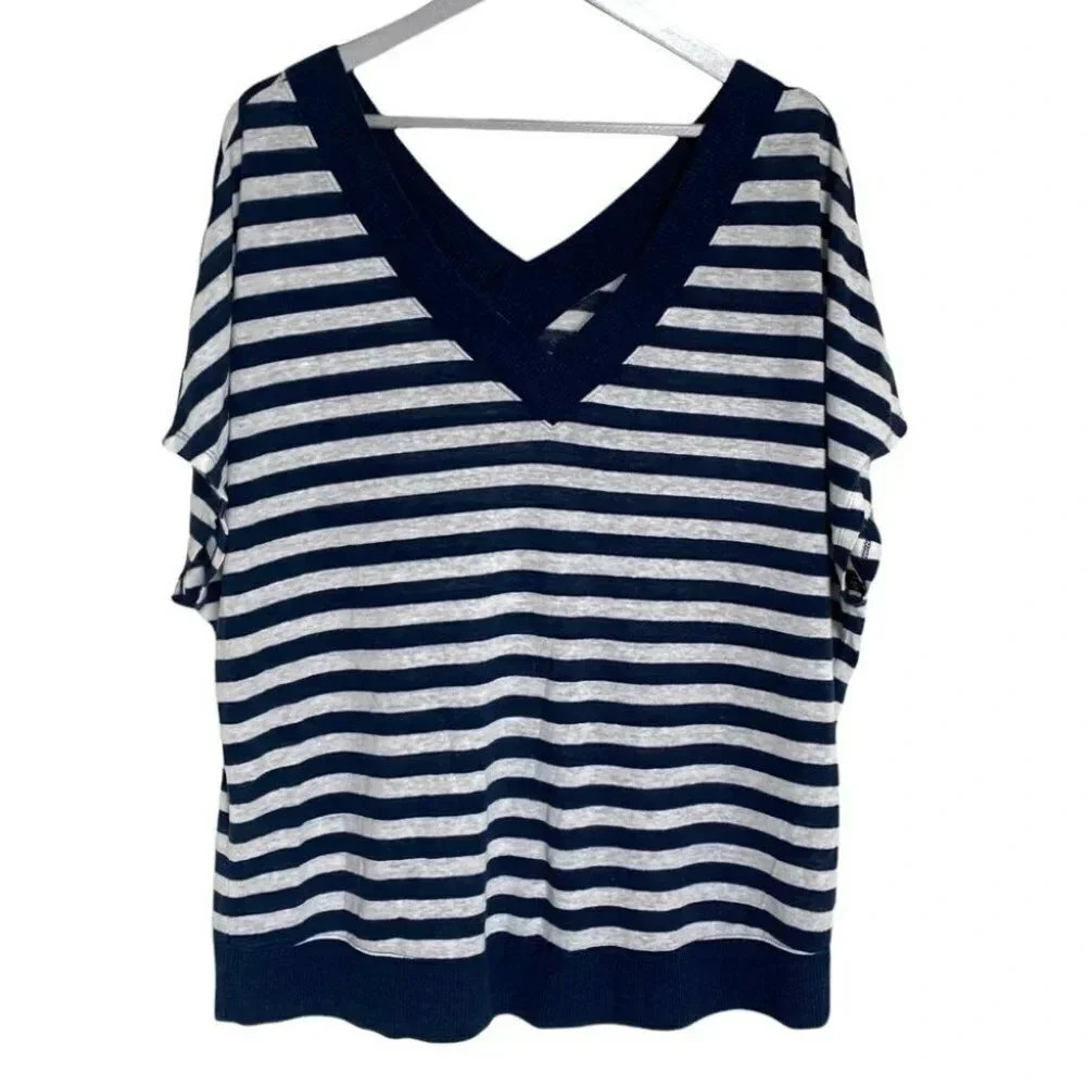 Lane Bryant Top 18/20 Navy Striped Linen Blend V-Neck Short Sleeve Cap Sleeve